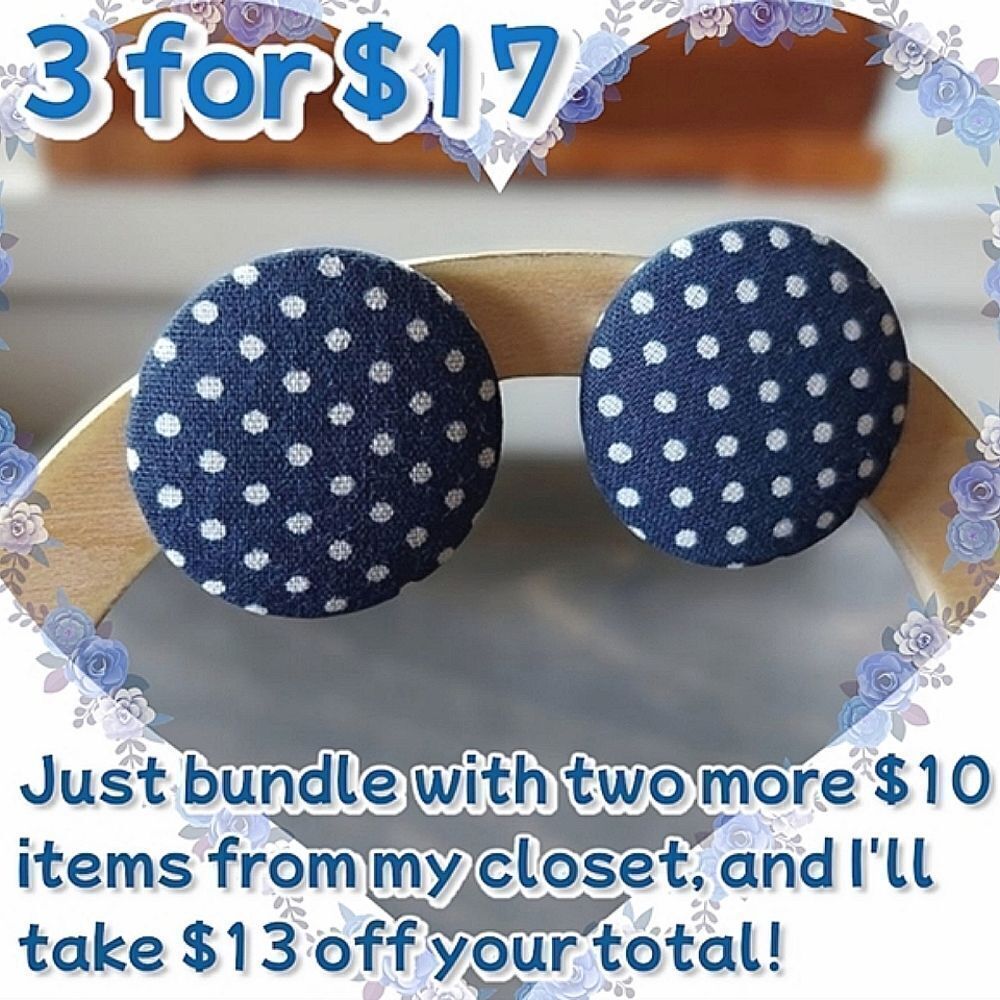 Vtg large blue and white polka-dot button earrings
